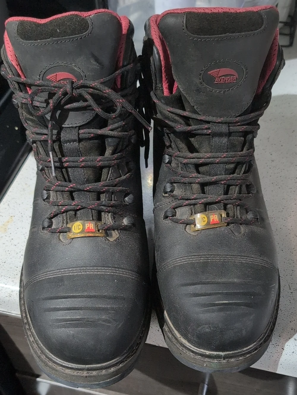 Used XXwide Avenger Black Steel Toe Work Boots with Red Trim